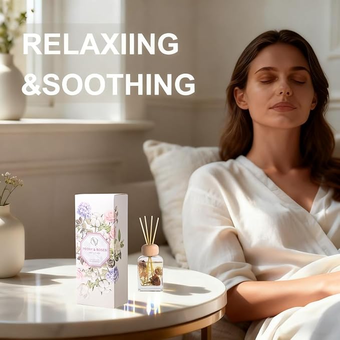 Orelune Reed Diffuser Set, 3.4 fl oz - Elegant Home Fragrance with 5 Sticks - Long-Lasting Scented Oil Diffuser for Bedroom, Bathroom Shelf Decor & Living Room (Peony & Roses)
