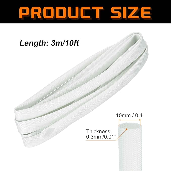 MECCANIXITY 10ft Braided Cable Sleeve, 0.4" ID 200C High Temperature 1500V Fiberglass Wire Insulation Cord Protector Organizer Wires Management for Motor Engine Fuel Line, White