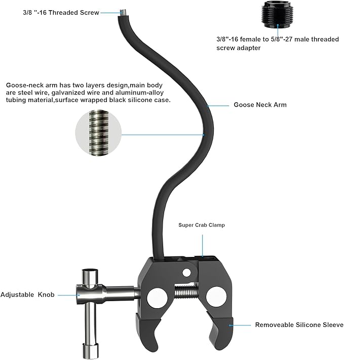 Mippko Gooseneck Microphone Stand,19.69" Flexible Adjustable Arm Super Crab Clamp Mic Clip 3/8"-16 to 5/8"-27 Adapter Mount,Compatible with Shure/Fifine / AT2020 / Pyle/Blue Snowball/Razer