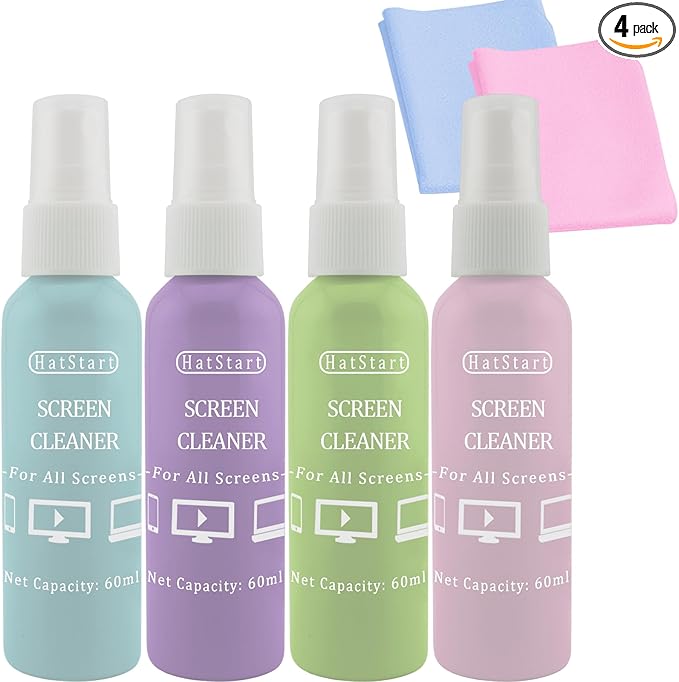 Hatstart 4-Pack Screen Cleaner Spray and 2 Pcs Microfiber Cloth Kit - for LCD, Laptop, PC, Macbook, iPhone, iPad, Computer Monitor, TV, Phone, Tablet, Touchscreen, Eyeglass Lens, and Car Display