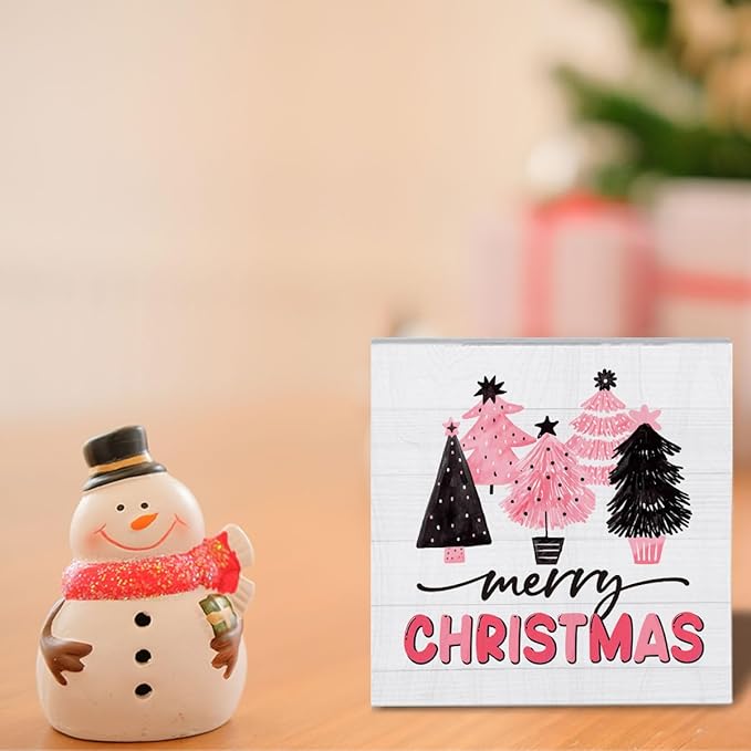 Pink Merry Christmas Decor for Home Pink Christmas Tree Decorations for Office Room Merry Xmas Decorations Table 5 x 5 Inches