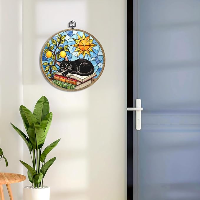 Cute Cat Decor Cat Stuff Accessories Book Lovers Gifts Reading Gifts Framed Round Wall Decor Canvas Wall Art Hanging Prints Artwork for Home Door Bedroom Living Room Decorations 10.2X10.2 Inch