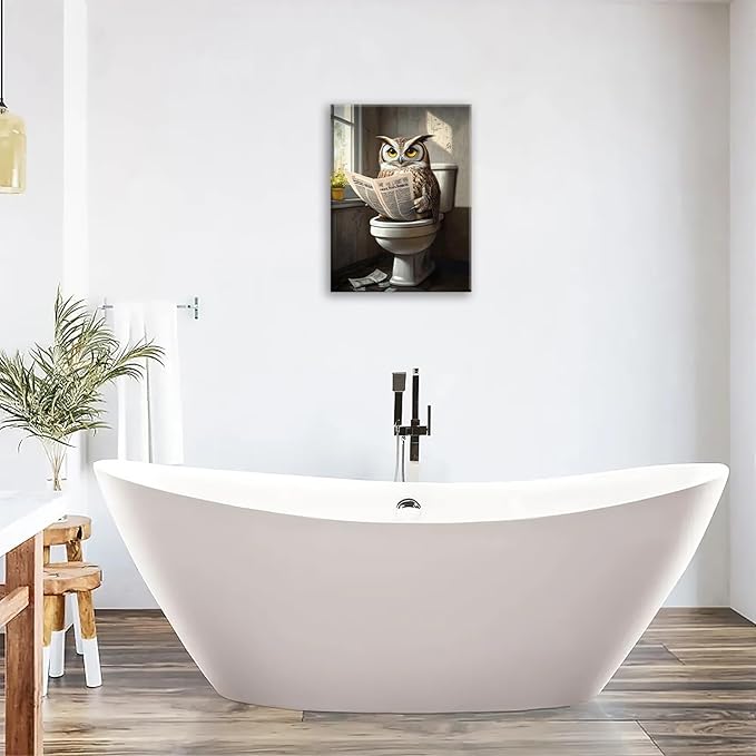 Owl Bathroom Wall Art, Funny Owl Toilet Pictures Wall Decor, Bird Canvas Prints, Animal Painting, Framed Artwork for Bathroom Living Room Bedroom Office Dining Room 16"X12"
