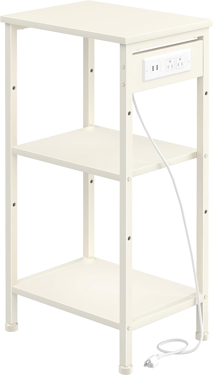 Tall End Table with Charging Station, 3 Tier Narrow Tall Nightstand with Storage, Slim Side Table for Bedroom, Living Room, Nursery, Office, Cream White