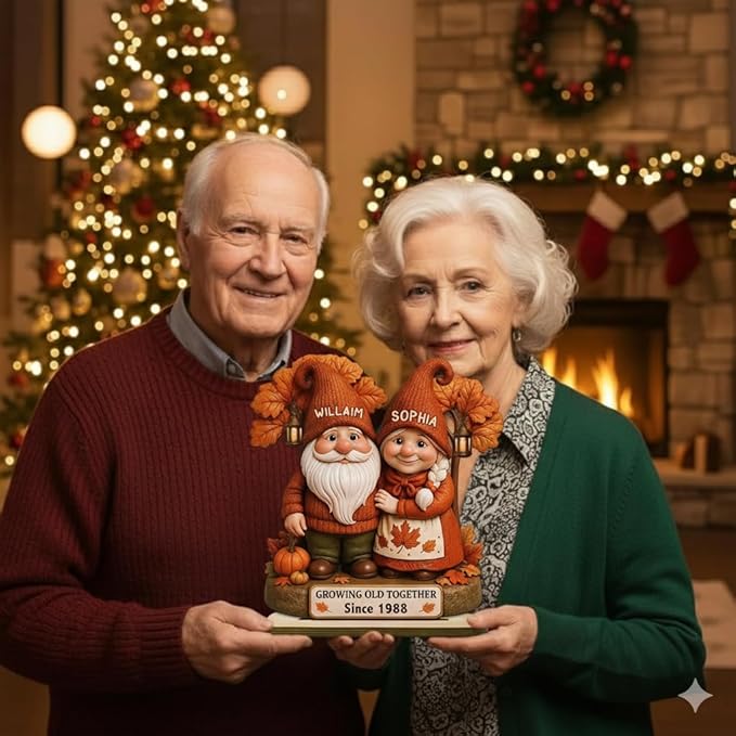 Personalized Gnome Couple Figurine, Growing Old Together Since 1988, Custom Autumn Decoration, Unique Fall for Couple, Engraved Family Ornament for Parents and Grandparents