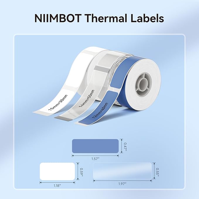 NIIMBOT Label Maker Tape for D110/D11/D101 Label Printer, Multi-Size 3Rolls Pack | 0.59'' x 1.18''White, 0.55'' x 1.97''Transparent, 0.47'' x 1.57''Blue, for Home Office School Labeling