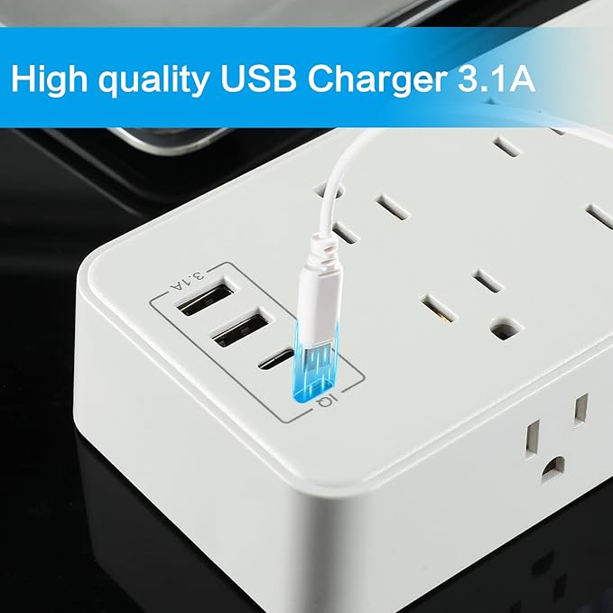 10FT Power Strip Extension Cord Surge Protector with 8 Outlets and 2 USB & 2 USB-C Port(5V 3.1A),Bold Extension Cord with Fuse Surge Protected Power Strip for Home Office (White)