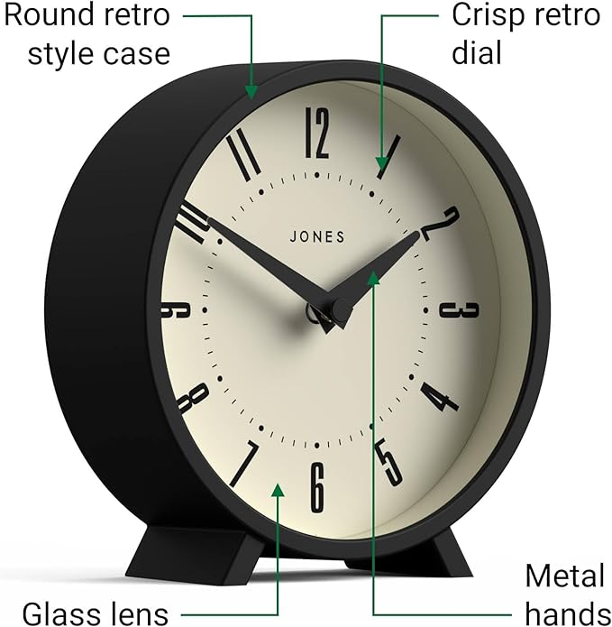 JONES CLOCKS® Venus Desk Clock | Modern Round Design | Black | Stylish Retro Look for Shelf, Table, Mantel or Bedside