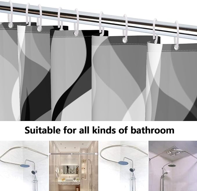 Grey Shower Curtains Black and White Modern Abstract Striped Bathroom Curtain Minimalist Geometric Polyester Shower Curtain Sets for Bathroom Extra Long 66x72 in with 12 Hooks