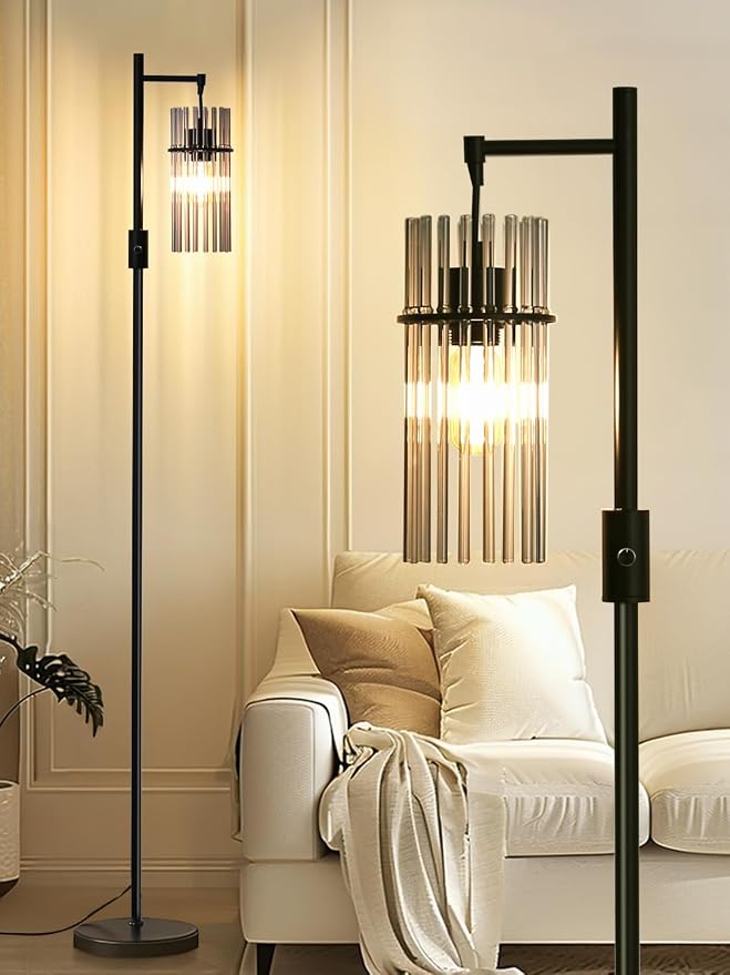 Industrial Floor Lamps for Living Room, Dimmable Floor Lamp Modern Standing Lamps with Glass Lampshade, Rotary Switch, LED Bulbs, Tall Lamps for Bedroom, Office (1 Lampshade(66inch))