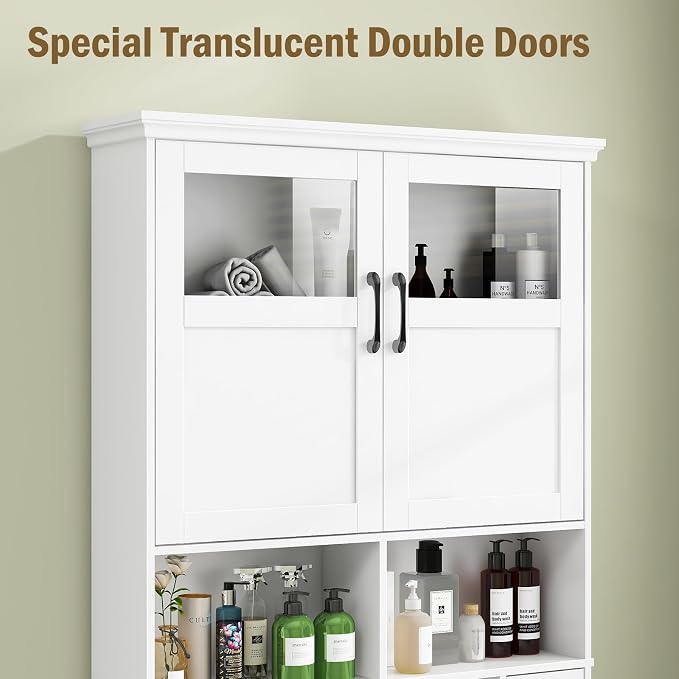 Vabches Freestanding Toilet Storage Cabinet with Double Doors, Shelf Space Saver, Anti-Tip Design & Adjustable Shelf, White