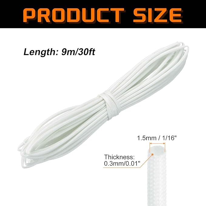 MECCANIXITY 30ft Braided Cable Sleeve, 1/16" ID 200C High Temperature 1500V Fiberglass Wire Insulation Cord Protector Organizer Wires Management for Motor Engine Fuel Line, White