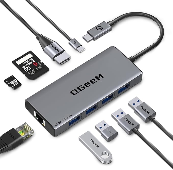 QGeeM USB C Hub Ethernet,9 in 1 USB Type C Hub HDMI Multi-Port Converter Adapter,100W Pd, USB 3.0,SD/TF Card Reader,Compatible for MacBook Pro Air Ipad HP Dell Lenovo Chromebook etc.