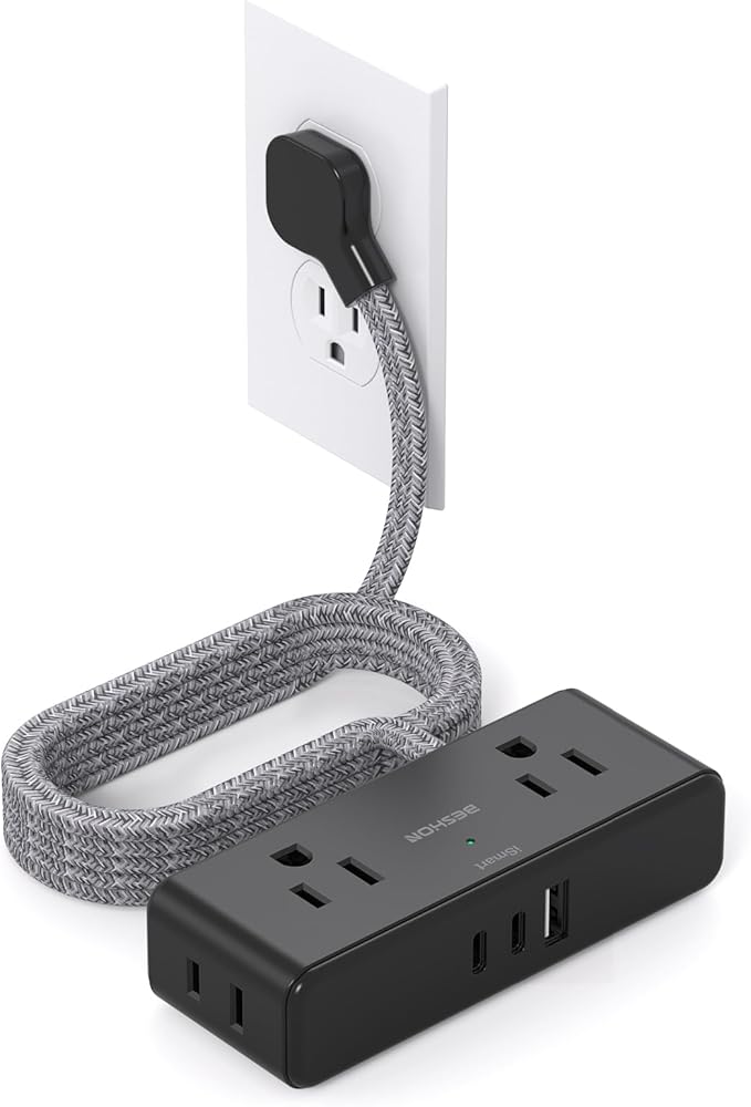 Extension Cord 10 ft, BESHON Flat Plug Power Strip, 4 Widely Outlets with 3 USB Ports (2 USB C), Extension Cord with Multiple Outlets for Home, Office, Dorm Room Essentials, Black