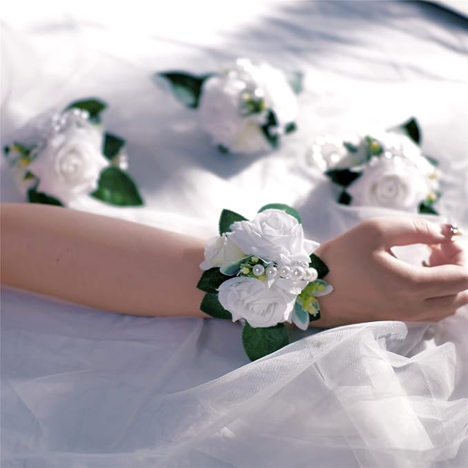 Meldel White Ivory Rose Prom Wrist Corsage for Wedding, Set of 6, Bridesmaid Bridal Hand Flowers Corsage for Prom, Wrist Flower for Wedding Ceremony Anniversary, Dinner Party, Rustic Vintage Wedding