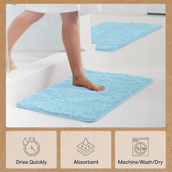 GORILLA GRIP Bath Rug Mat 60x24, Thick Soft Absorbent Chenille, Quick Dry Microfiber Mats, Rubber Backing Machine Washable Shower Floor Rugs, Bathmat Runner, Bathroom Home Decor Accessories, Sky