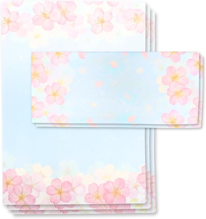 Japanese Cherry Blossom Stationery Paper and Envelopes Set, Made in Japan,15 Sheets, 8 Envelopes (Blue Sky), Elegant Washi Paper for Writing, Crafts,Gift