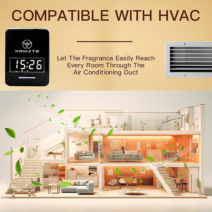 Namste Smart Waterless Diffuser HVAC Scent Machine with Clock & Bluetooth Control 3000 Sq.Ft - Essential Oil Level Monitoring 300ML Diffusers Cold Air Tech for Large Room Home Office Aromatherapy