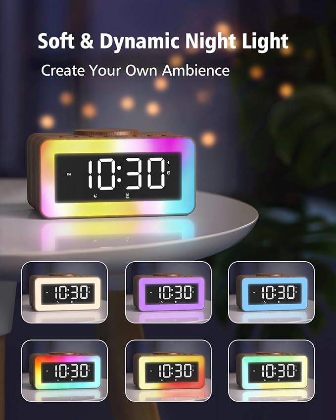 Digital Alarm Clocks for Bedrooms, Bluetooth Speaker, Alarm Clock with Wireless Charging, White/Brown Noise Sound Machine for Sleep with Night Light Wooden Vintage Decor Birthday Gifts for Men, Women