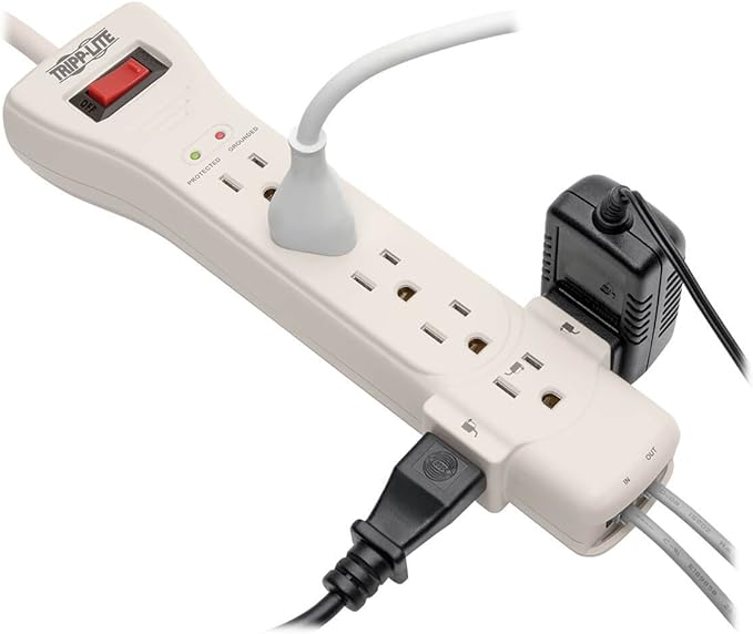 Tripp Lite 7 Outlet Surge Protector Power Strip, 7ft, Right-Angle Plug, Fax/Modem Protection, RJ11, $75,000 Insurance (SUPER7TEL), Gray, 10.3" x 2.8" x 1.5"