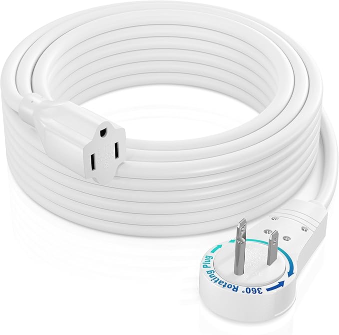 Maximm Extension Cord 30 Ft – 360° Rotating Flat Plug, 3-Prong Grounded, Heavy Duty 14AWG Wire – UL Certified, Indoor Power Cable – Ideal for Long Reach & Tight Spaces – White