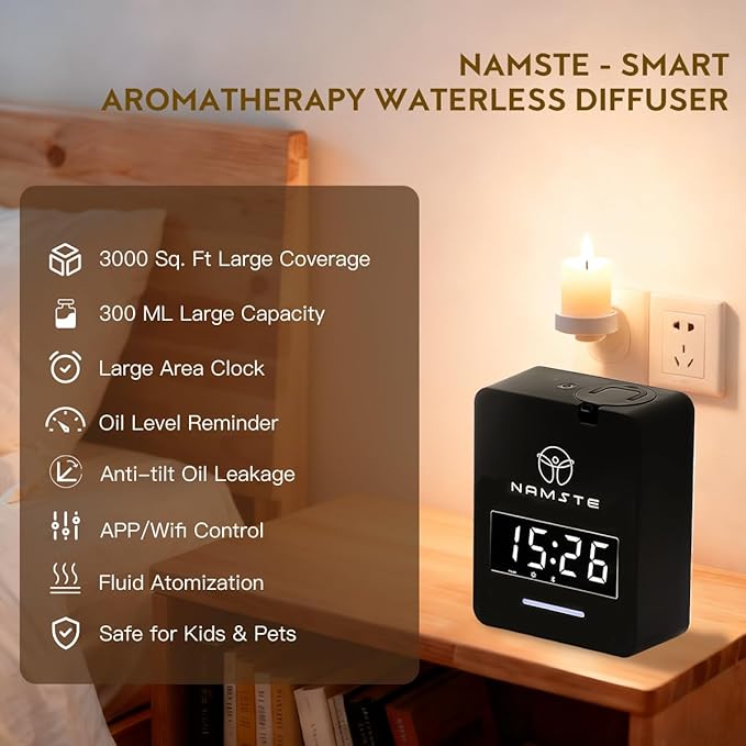 Namste Smart Waterless Diffuser HVAC Scent Machine with Clock & Bluetooth Control 3000 Sq.Ft - Essential Oil Level Monitoring 300ML Diffusers Cold Air Tech for Large Room Home Office Aromatherapy