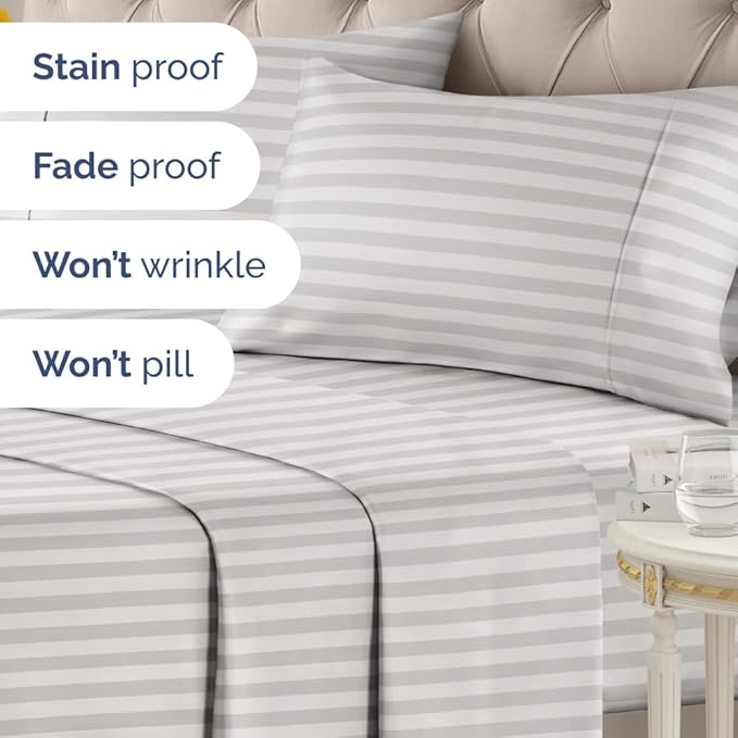Grey Striped Sheets - 1 Flat & 1 Fitted Sheet & 2 Pillowcases w/ Deep Pockets - Comfy, Cozy, Wrinkle & Fade Resistant - Ultra-Soft, Breathable and Cooling - Luxury Pinstripe Bedding - Full Size