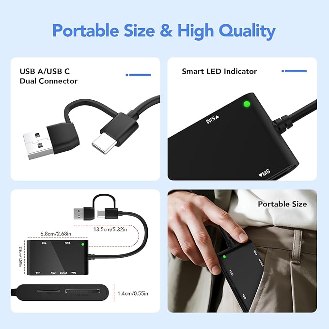USB C/USB A SIM Card Reader- 7 in 2 CAC Smart Card Reader Military, MS Pro Duo/SD/TF/M2/ID/IC/PIV/Sim Card Adapter, SIM Card Reader for iPhone 17/16/15/iPad/PC/Laptop/Windows/Linux