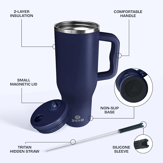 34HD 40 oz Stainless Steel Tumbler - Leakproof Insulated Water Bottle with Handle, Magnetic Lid and Flexible Straw - Iced for 48 Hours – Perfect for Men, Women, Birthday Gift, Navy - Deep Sea Blue