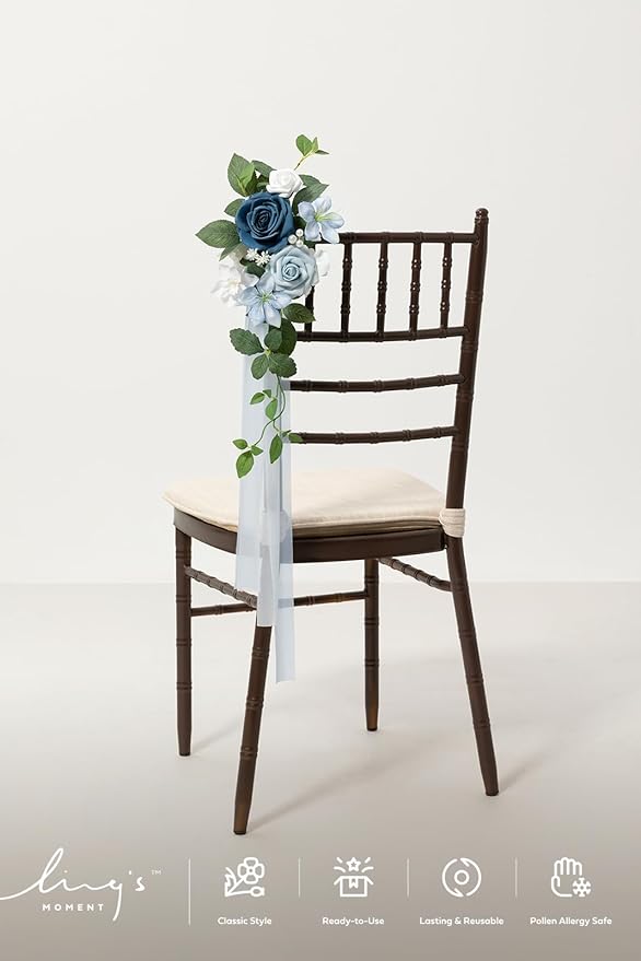 Ling's moment 8 Wedding Artificial Aisle Pew Flowers Chair Decorations Arrangements with Chiffon Ribbons Dusty Blue for Ceremony Reception Chair Back Floral Decor Reception Church Party Outdoor