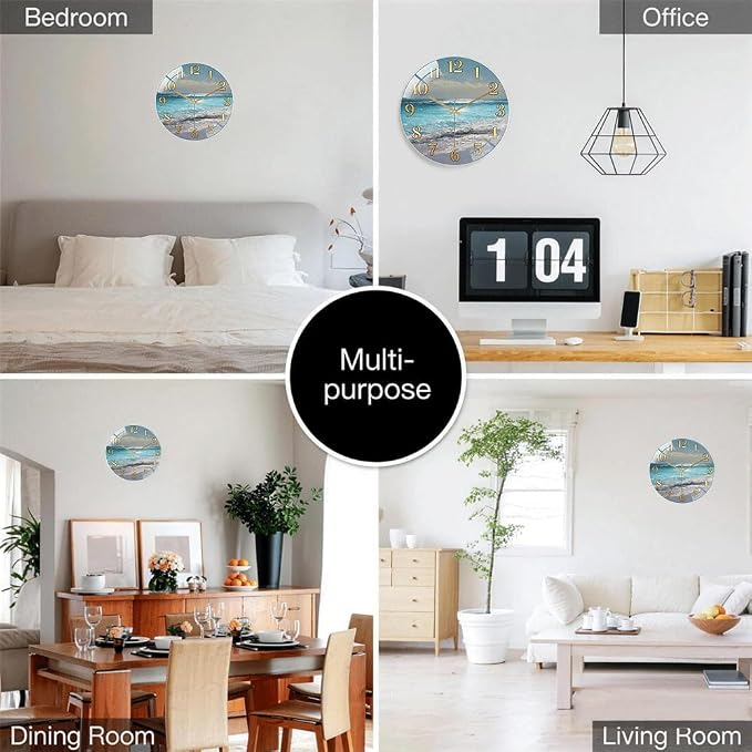 24 Inch Ocean Beach Glass Wall Clock Silent Coastal Art Decor | Silent glossy wall clock featuring a stunning ocean beach scene, perfect for adding a coastal vibe to living room or bedroom
