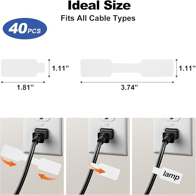 40 Pack Cable Labels Tags, White Write On Wire Cord Tags and Charger Labels Waterproof for Cable Management and Identification Electronics (Rectangular)