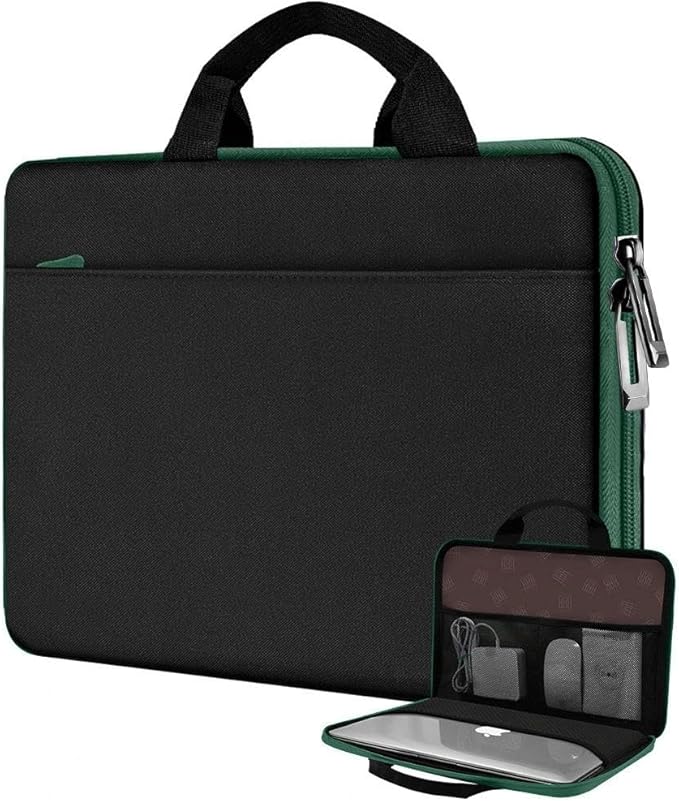 Hseok Laptop Case 13.3-14 inch Briefcase Handbag, Water-Resistant and Shockproof Computer Sleeve Compatible with MacBook Pro 14", Mac Air/Pro 13.3" and 13"-14" Notebooks Chromebooks,Black-Green