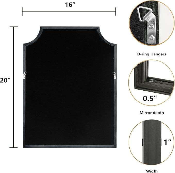 WallBeyond Scalloped Wood Mirror for Wall Decor 16x20 Inch Black Small Bathroom Vanity Rectangle Mirror for Hallway Bedroom Living Room(Black)