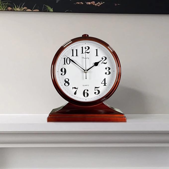 Beesealy Desk Clock for Table Decor,Retro Mantel Clock Battery Operated for Fireplace Mantel, Living Room,Bedroom,Office,Desktop Decoration (Brown)