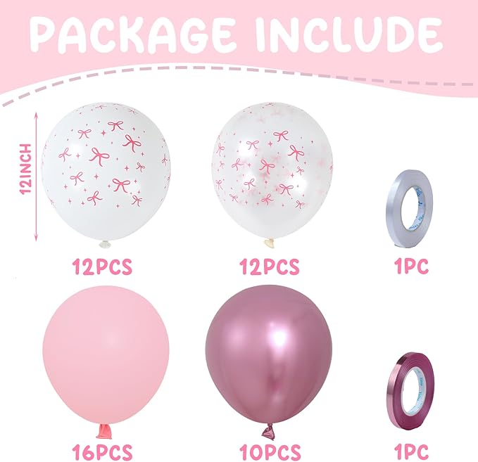 Patimate Pink Bow Balloons Set, 50 pcs 12 inch Metallic Pastel Pink White Transparent Bow Print Balloons Kit for Coquette Birthday Baby Shower for Girls Women Wedding Bridal Shower Party Decorations
