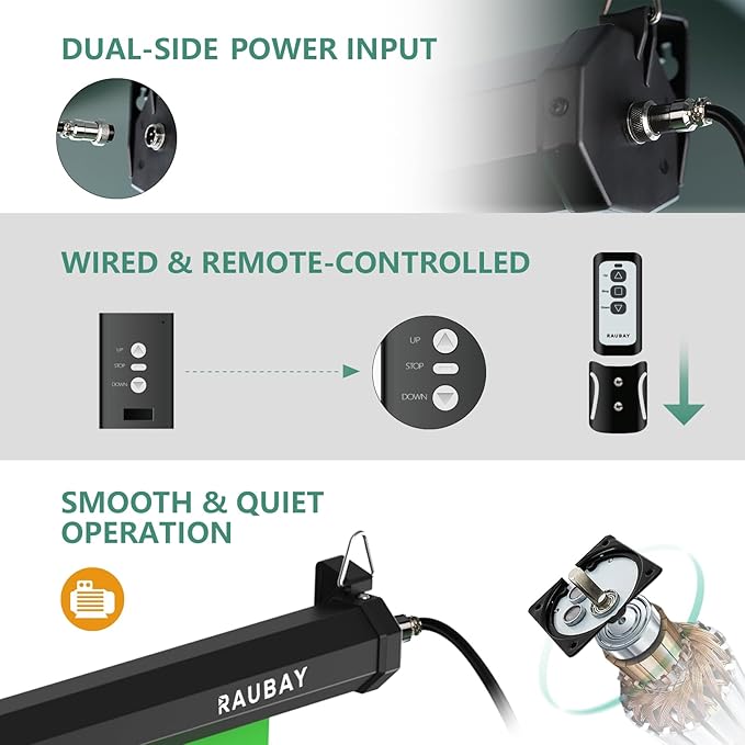RAUBAY Motorized Pull Down Green Screen - 59.8" x 86.6" Collapsible Wall-Mount Background for Professional Video Production, Chroma Key Backdrop for YouTube, TikTok, Streaming, Video Conferencing