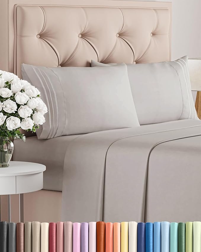 Queen Size 4 Piece Sheet Set - Comfy Breathable & Cooling Bed Sheets Set - Hotel Luxury Bedding for Women, Men, Kids, Teens, Boys & Girls - Deep Pockets, Soft and Wrinkle Free - Oeko-Tex - Light Grey