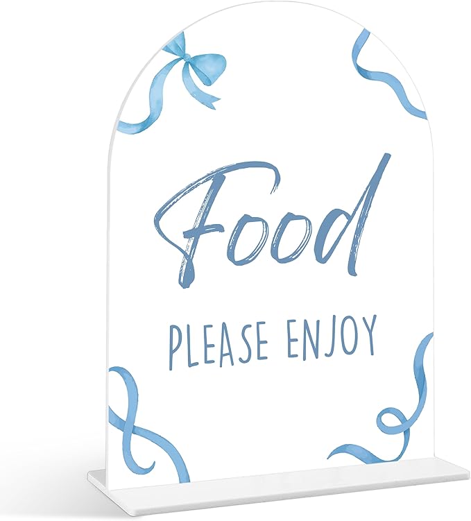 Food Please Enjoy Sign - Blue Bow Baby Shower Sign, 1 Pack Arch Acrylic Sign with Stand, Gender Reveal Party Table Decor, Blue Baby Shower Supplies (SP11)