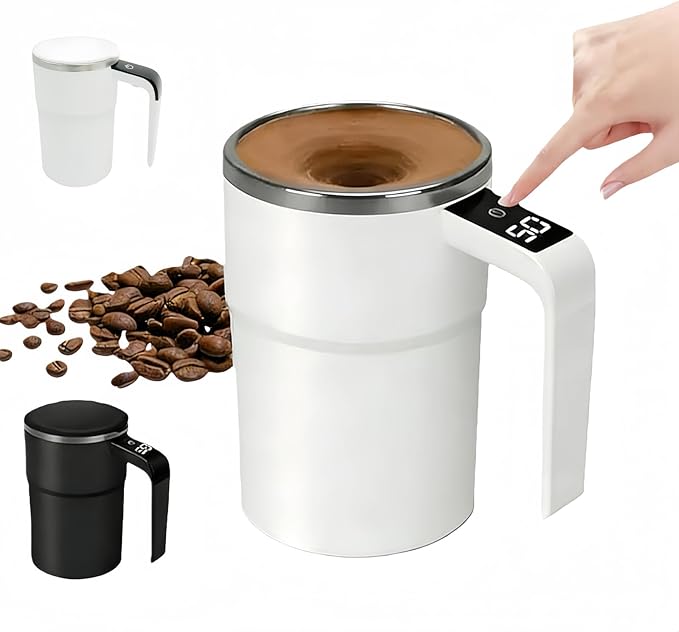 Automatic Magnetic Stirring Coffee Mug with Temperature Display, Rechargeable Self Stirring Mug, Portable Coffee Mug for Home Office Travel (White)