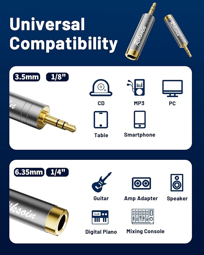 RIKSOIN 1/4'' to 3.5mm Stereo Pure Copper Headphone Adapter,3.5mm(1/8'') Plug Male to 6.35mm (1/4'') Jack Female Stereo Adapte for Headphone, Amp, Adapte,4-Pack