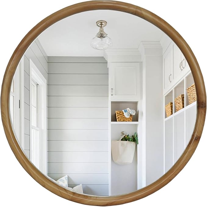 Round Wood Framed Wall Mirror,Natural Wooden Circular Wall Mirror for Bathroom Bedroom Entryway Living Room,Mid-Century Modern Rustic Boho Scandinavian Decorative for Home Decor (31.50")