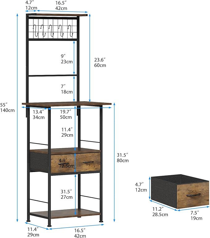 GiftGo Small Coffee Bar Station Narrow Corner Baker Rack Stand with 2 Storage Fabric Drawers 5 S Hooks for Small Spaces Farmhouse Bakers Rack for Kitchen, Entryway, Living Room (Brown, Narrow)