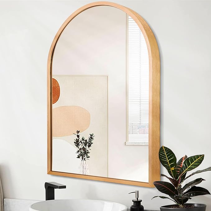 Arched Wall-Mounted Mirror Gold Arch Mirror Aluminum Alloy Frame Bathroom Mirror for Vanity Living Room, Bedroom, and Entryway 28"x20"
