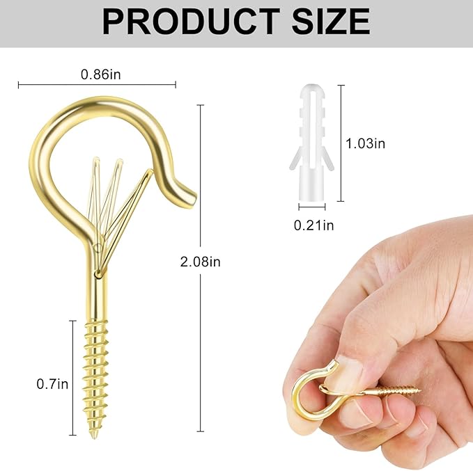 25 PCS Screw-in Hooks for Outdoor String Lights, Q Hangers Hooks Outdoor for Outside, Swivel Hanging Basket Patio Light Hooks with Safe Buckle Screw in Planter Eye Hook for Wall Ceiling, Gold
