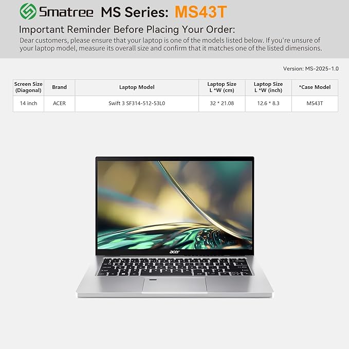 Smatree MS43T Hard EVA Protective Sleeve Case with Stand Compatible for 14 inch Acer Swift 3 Laptop - SF314-512-53L0 Waterproof Sleeve