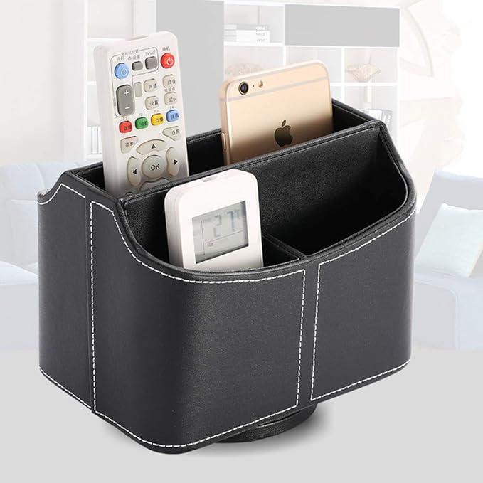 RHCSZ PU Leather Remote Control Holder Rotate 360 degrees Desk Organizer Storage Box for Remote Caddy,TV Guide, Mobile Phone, Pen,Stationery and Media Storage,Bedside Table Organizer(Black)
