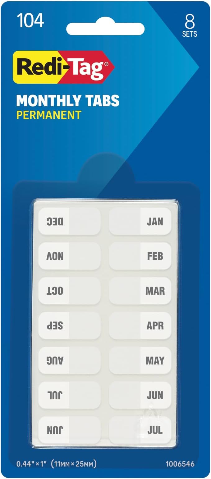 Redi-Tag Monthly Adhesive Tabs, Preprinted Tabs, 8 Sets of Jan-Dec Plus Bonus Blank Tabs, 7/17" x 1", Durable and Customizable Labels with Permanent Adhesive for Planners and Files, White (1006546)