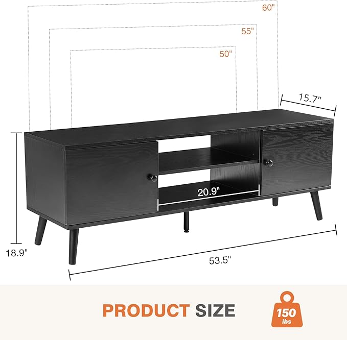 Sweetcrispy TV Stand for 55 60 inch TV, Modern Mid Century Entertainment Center with Storage, Media Console Table 2 Cabinet, Soft Hinge, Handle Door, Wooden Living Room, Office Furniture, Black