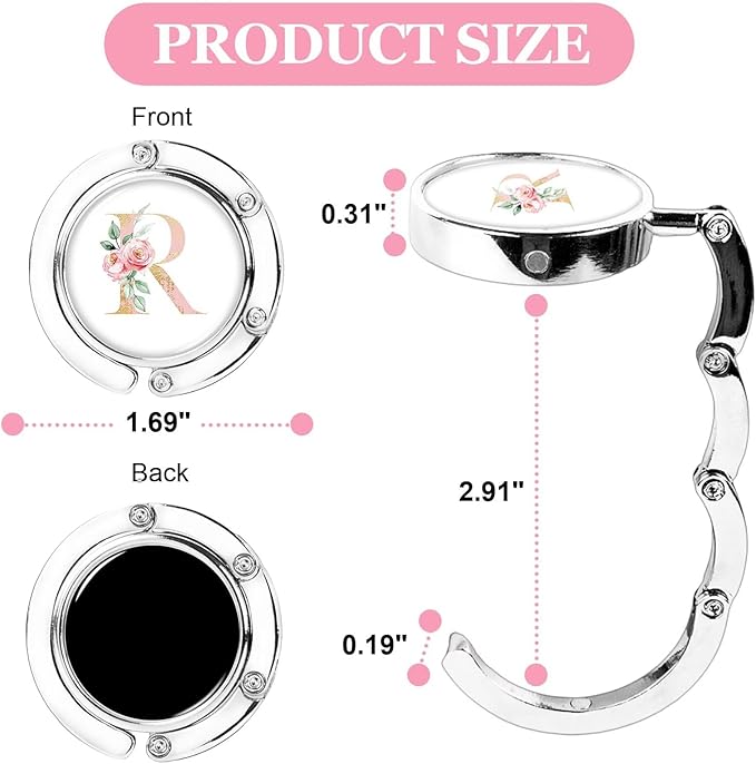 XSUIOY 3Pcs Personalized Initial Foldable Purse Hook for Table,Crushed Flower Letters Folding Purse Hanger,Purse Holder Handbag Hanger Collection Desk Table Bag Hooks Gifts for Women Bag(Pink-R)